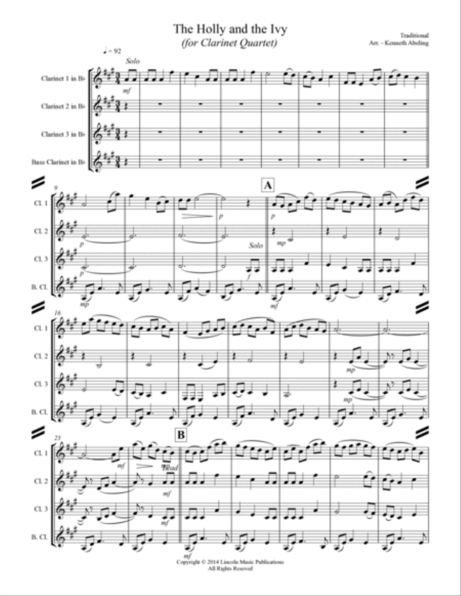 The Holly and the Ivy (for Clarinet Quartet) Clarinet Quartet scores gallery preview page 2