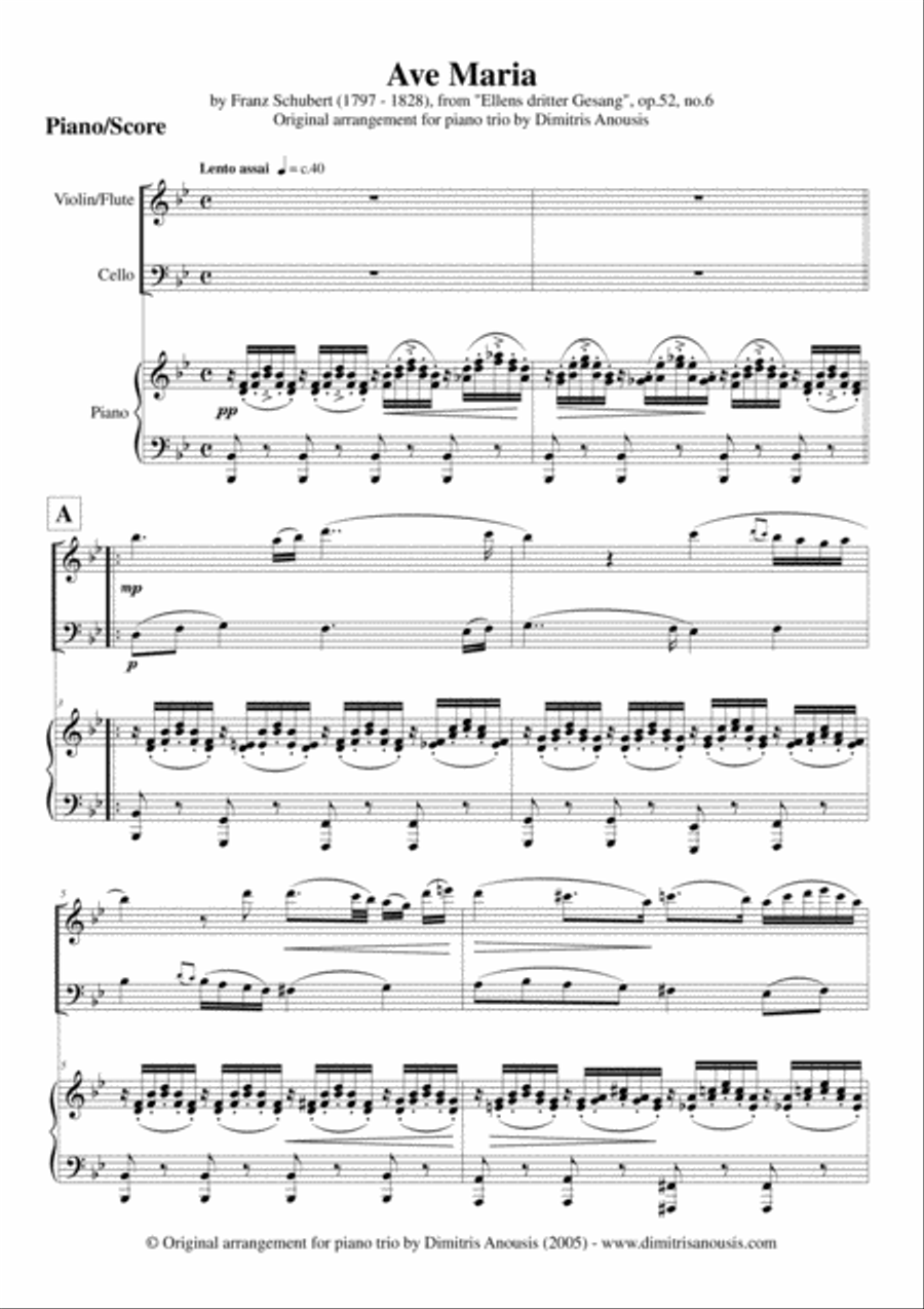 Franz Schubert's Ave Maria - Amazing arrangement for piano trio (pno, vln or flute & cello) image number null