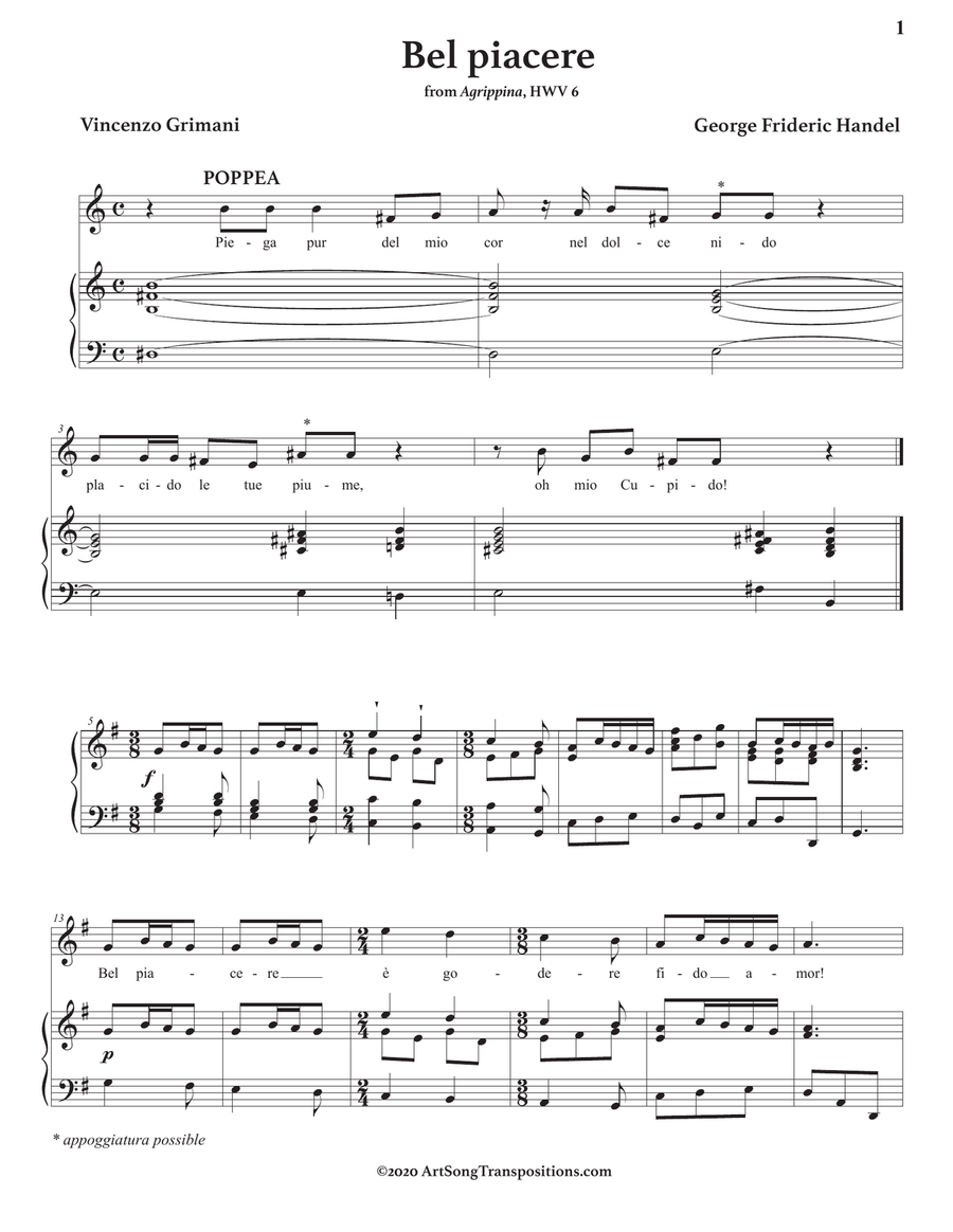 HANDEL: Bel piacere (transposed to 3 keys: G, G-flat, F major) Piano, Vocal scores gallery preview page 2
