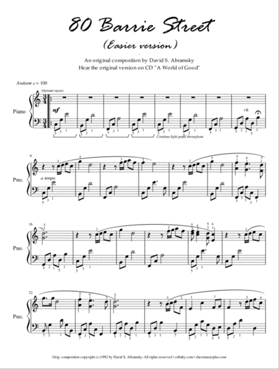 80 Barrie Street - Solo Piano (Easier version) Piano Solo scores gallery preview page 1