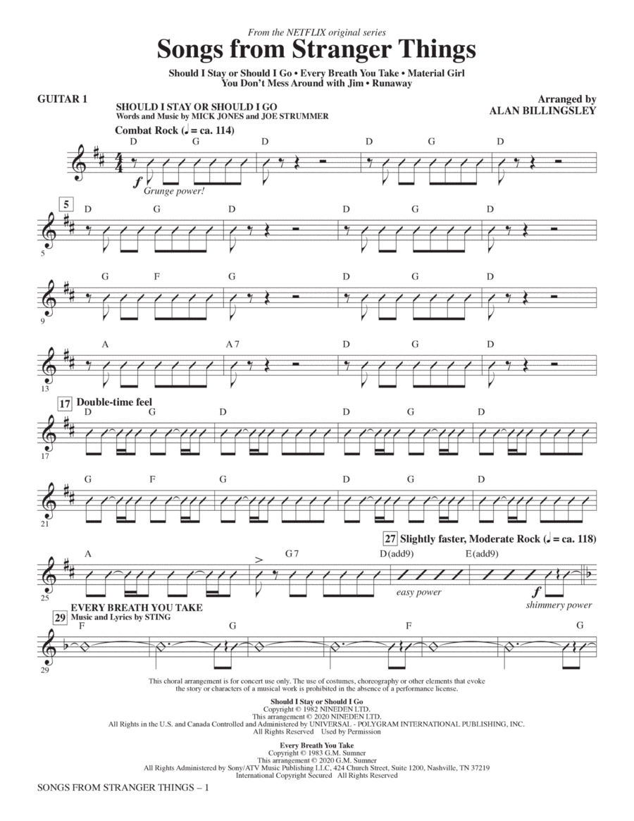 Songs from Stranger Things (arr. Alan Billingsley) - Guitar 1 Choir scores gallery preview page 1