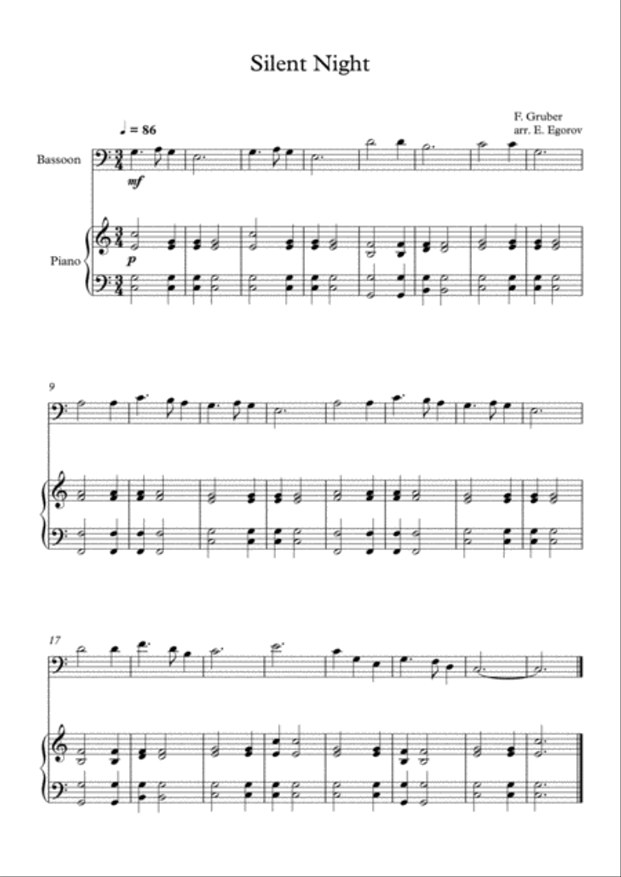 Silent Night, Franz Xaver Gruber, For Bassoon & Piano Bassoon Solo scores gallery preview page 1