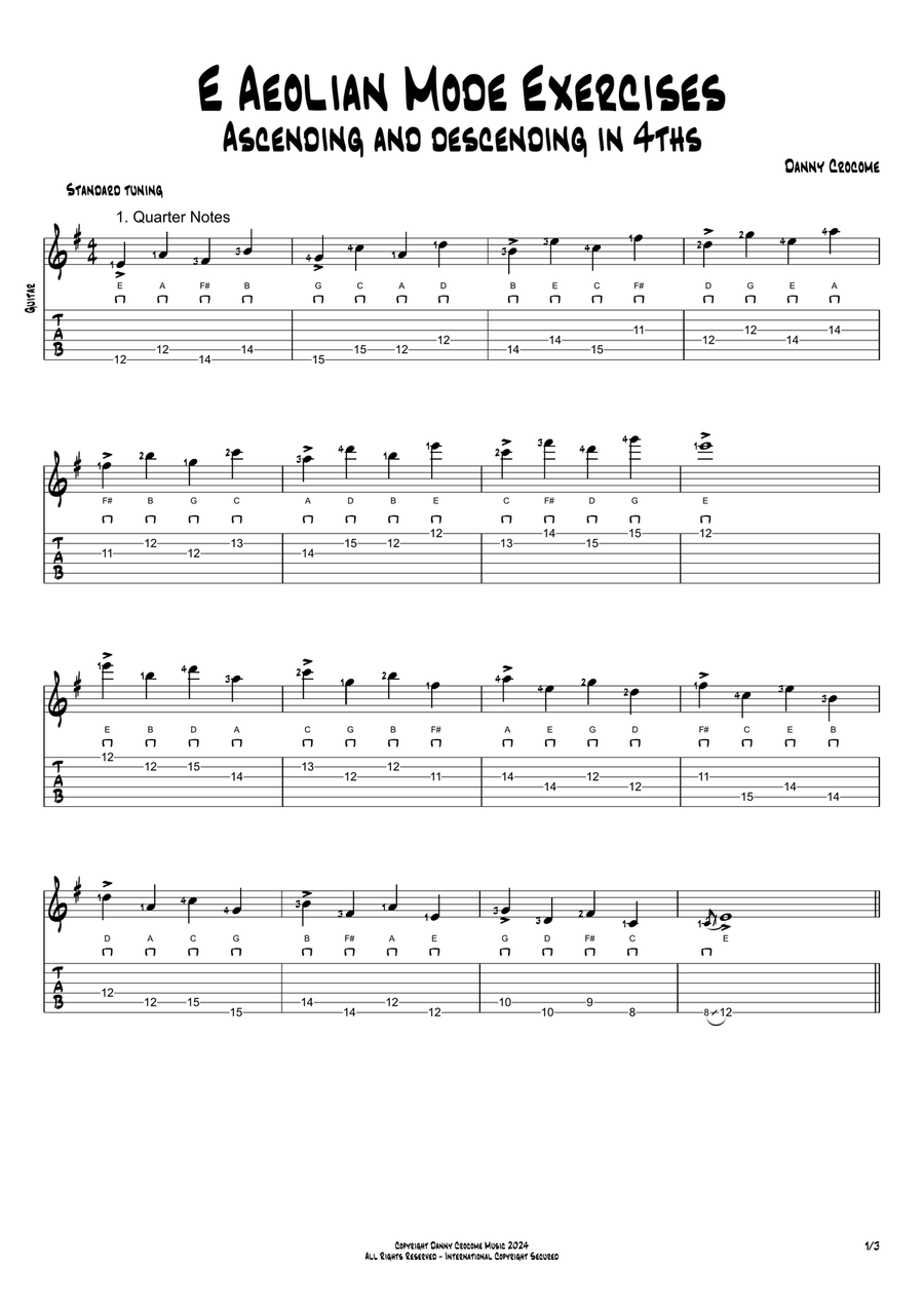 E Aeolian Mode Exercises - Ascending and Descending in 4ths Acoustic Guitar scores gallery preview page 1