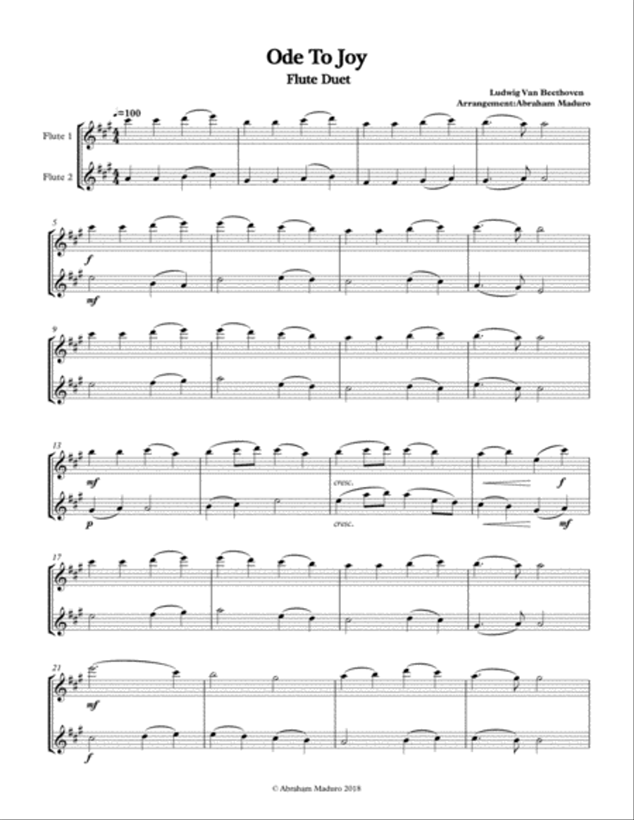 Beethoven`s Ode to Joy Flute Duet-Three Tonalities Included Flute Duet scores gallery preview page 2