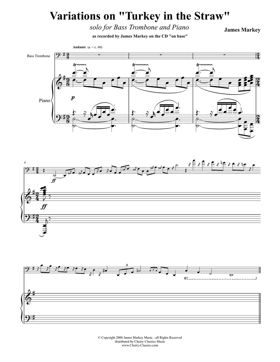 Variations on Turkey in the Straw for Bass Trombone & Piano Trombone scores gallery preview page 4