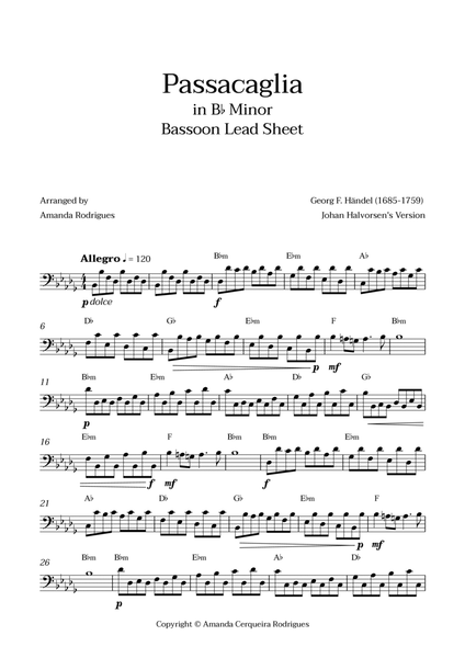 Passacaglia - Easy Fagote Lead Sheet in Bbm Minor (Johan Halvorsen's Version) image number null