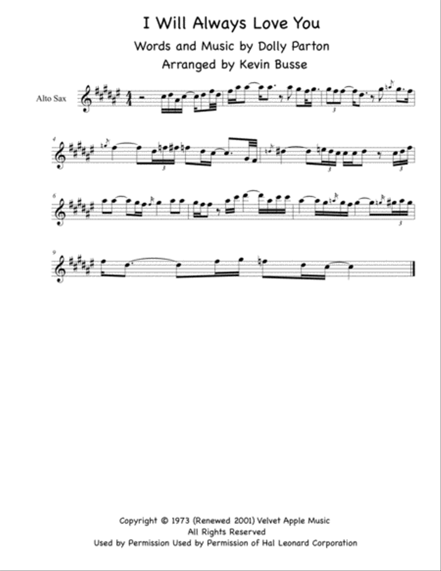 I Will Always Love You Alto Saxophone scores gallery preview page 1