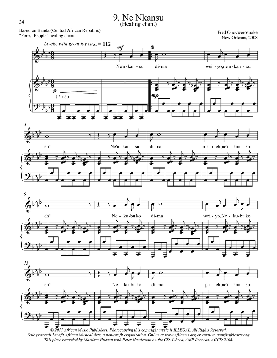 Twelve African Songs for Solo Voice and Piano - 9. NE NKANSU (Healing Chant) Soprano Voice scores gallery preview page 1