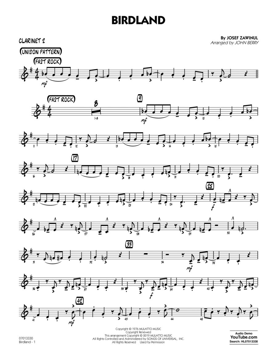 Birdland (arr. John Berry) - Bb Clarinet 2 B-Flat Clarinet scores gallery preview page 1