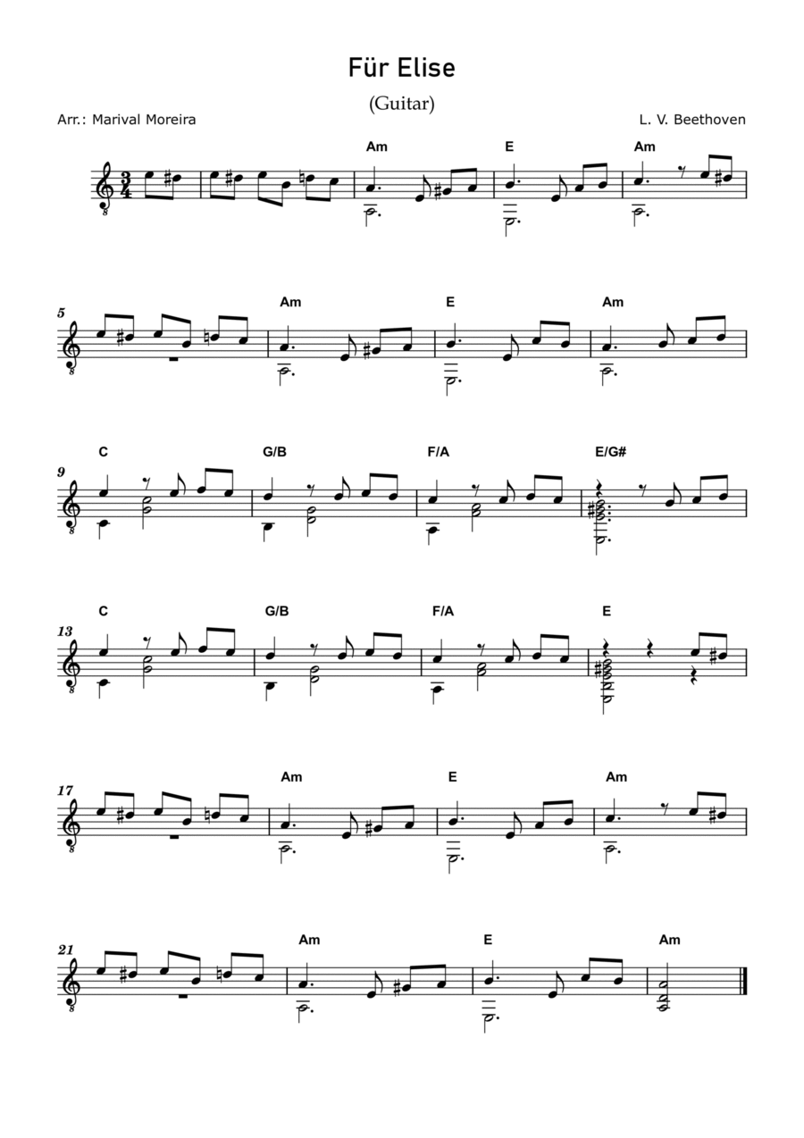 Fur Elise - Beethoven (Guitar Solo) Score and Chords Acoustic Guitar scores gallery preview page 1