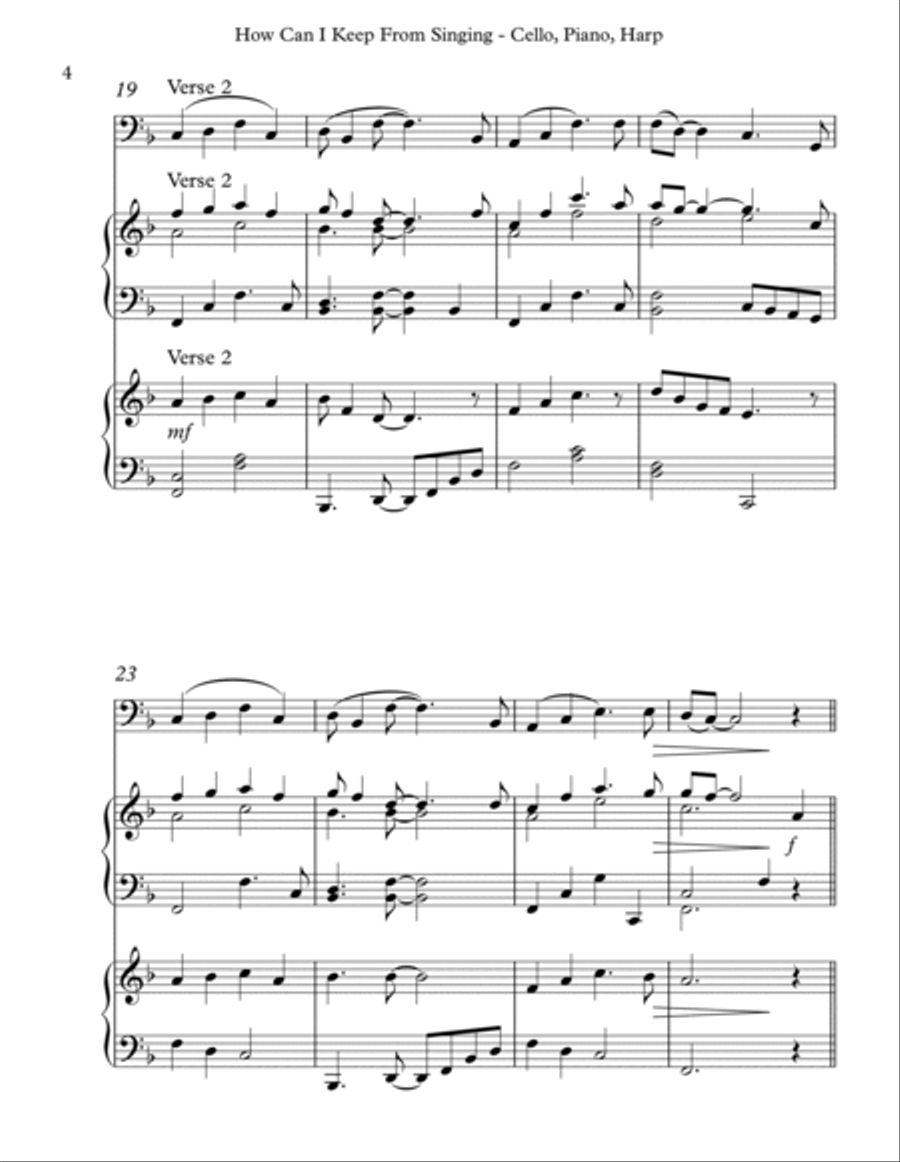 How Can I Keep From Singing, Trio for Cello, Piano & Harp Pedal Harp scores gallery preview page 4