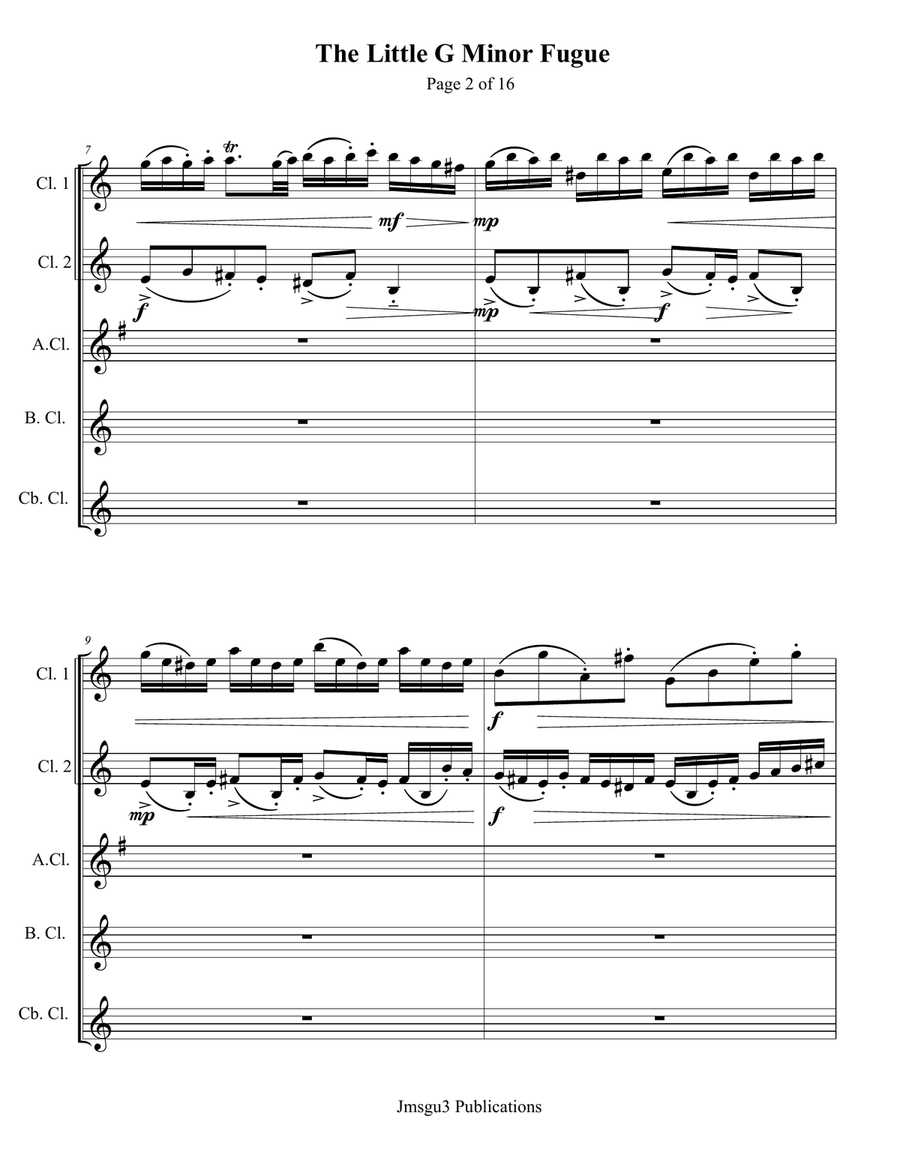 Bach: The Little G Minor Fugue BWV 578 for Clarinet Quintet Clarinet Quintet scores gallery preview page 2