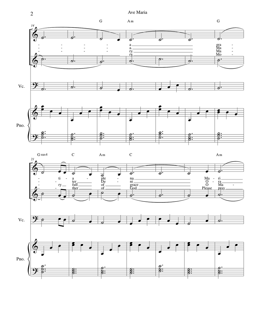 Ave Maria - duet Latin and English lyrics incl for flute or violin or cello, voice duet and piano Small Ensemble scores gallery preview page 2