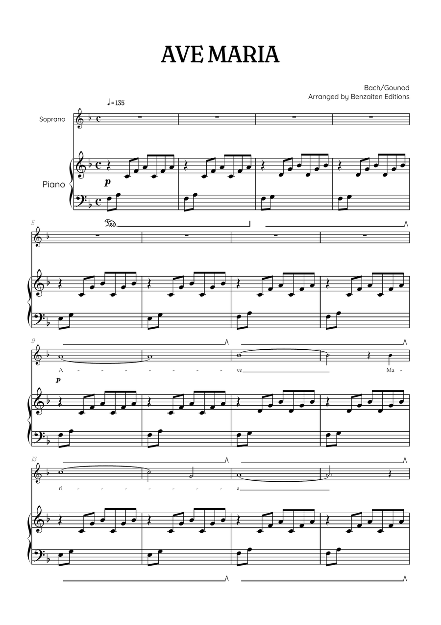 Bach / Gounod Ave Maria in F major • soprano sheet music with piano accompaniment Soprano Voice scores gallery preview page 1