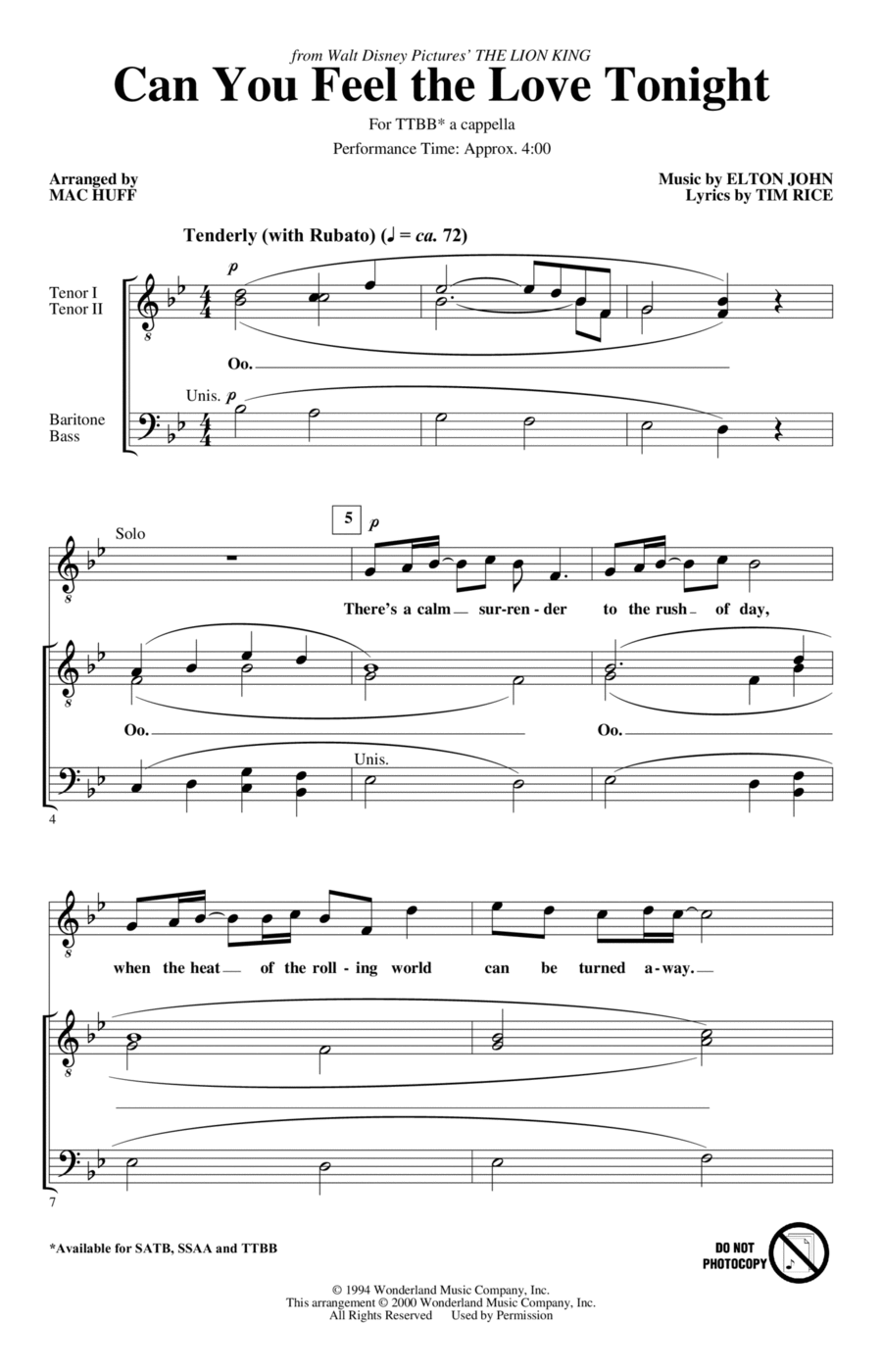 Can You Feel the Love Tonight (from The Lion King) (arr. Mac Huff) TTBB scores gallery preview page 1