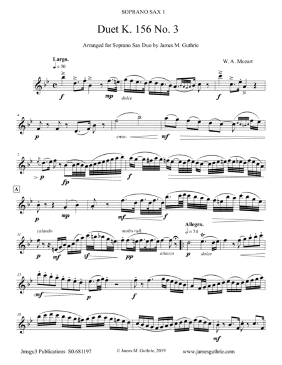 Mozart: 3 Duets K. 156 Complete for Soprano Sax Duo Woodwind Duet scores gallery preview page 1
