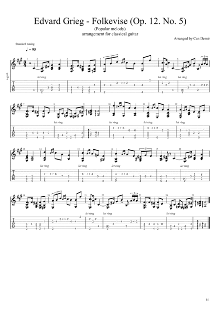 Edvard Grieg - Folkevise (Op. 12: No. 5) classical guitar arrangement with tablature and score Acoustic Guitar scores gallery preview page 1