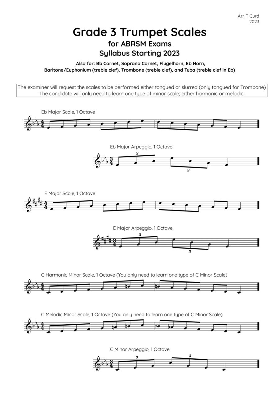 Trumpet Scales Grade 3. For the new ABRSM Syllabus from 2023. B-Flat Trumpet - Digital Sheet Music