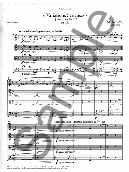 Bacri Variations Serieuses Op.101 14' String Quartet Book