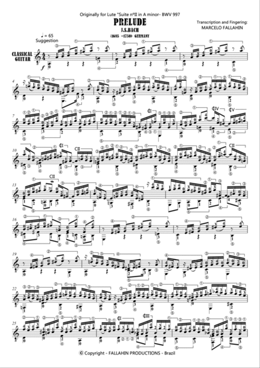 PRELUDE - LUTE SUITE NºII BWV 997 - J.S.BACH FOR GUITAR SOLO Lute scores gallery preview page 2