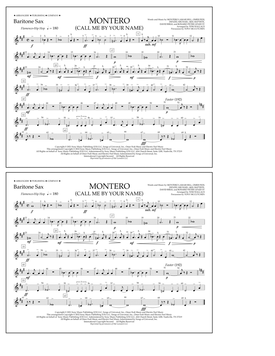 Montero (Call Me By Your Name) (arr. Tom Wallace) - Baritone Sax Marching Band scores gallery preview page 1