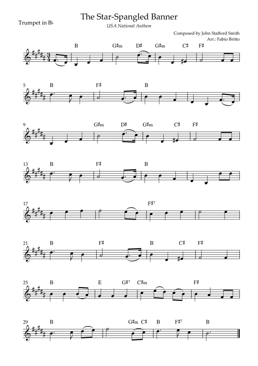 The Star Spangled Banner (USA National Anthem) for Trumpet in Bb Solo with Chords (A Major)
