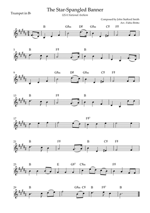 The Star Spangled Banner (USA National Anthem) for Trumpet in Bb Solo with Chords (A Major)