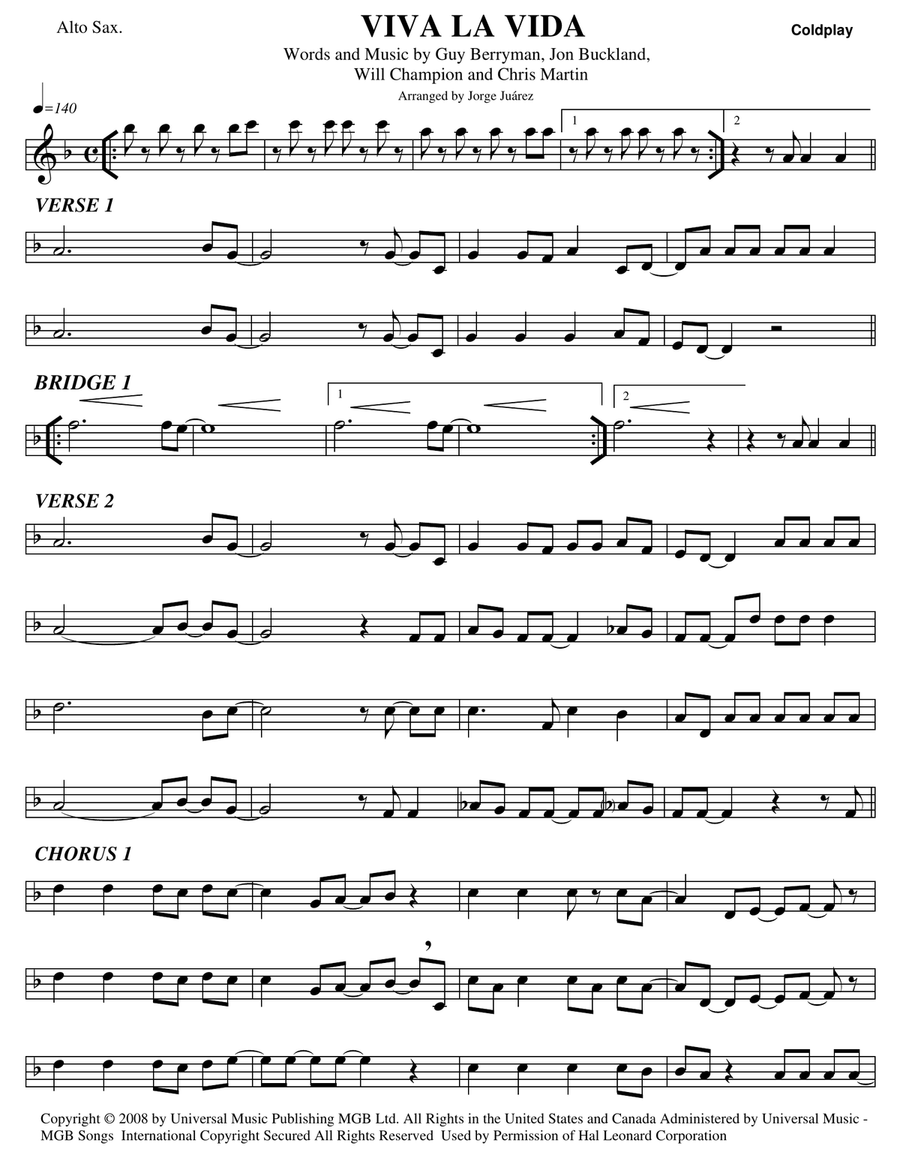 Viva La Vida Alto Saxophone scores gallery preview page 1