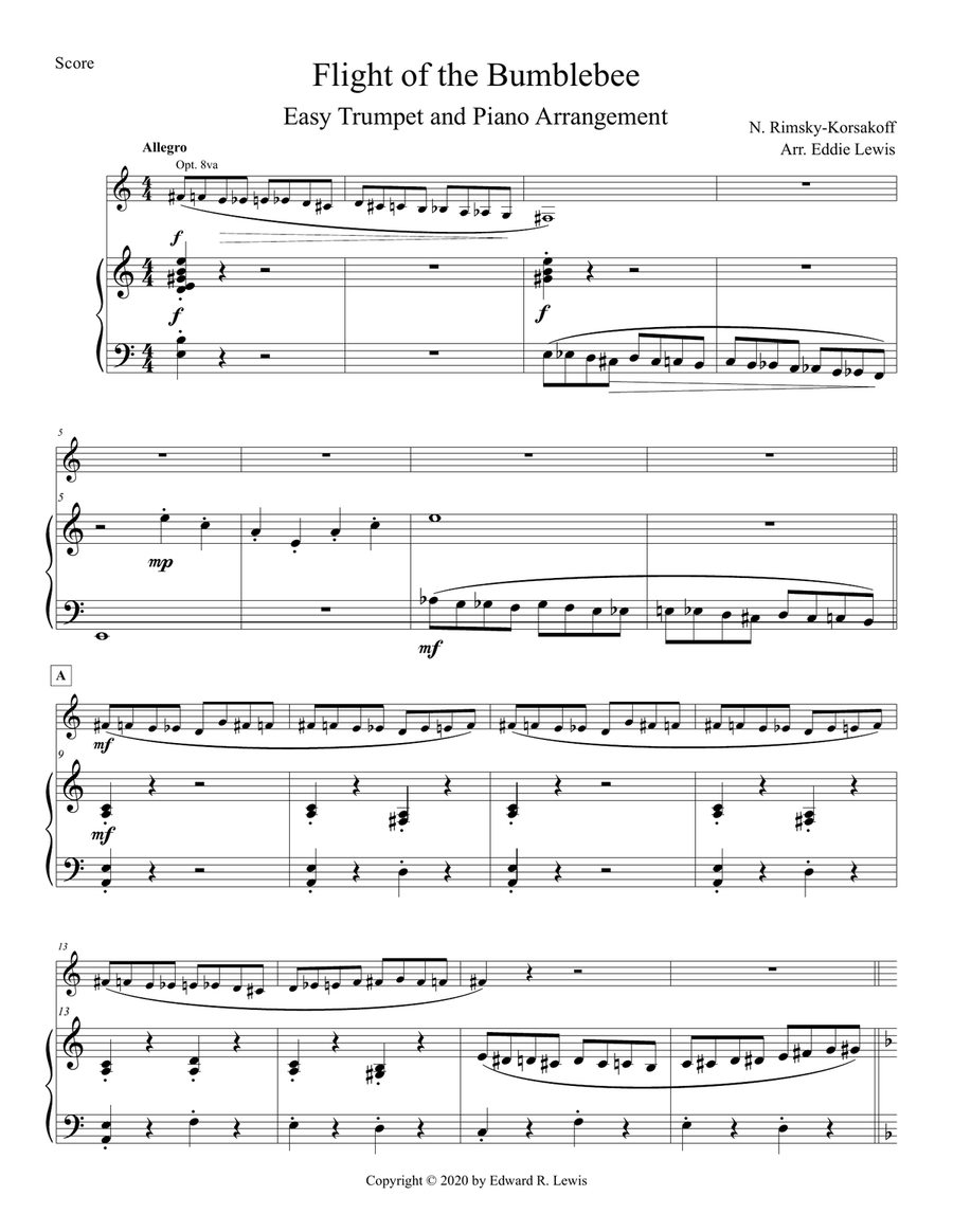 EASY Flight of the Bumblebee - Solo Trumpet With Piano Trumpet Solo scores gallery preview page 4