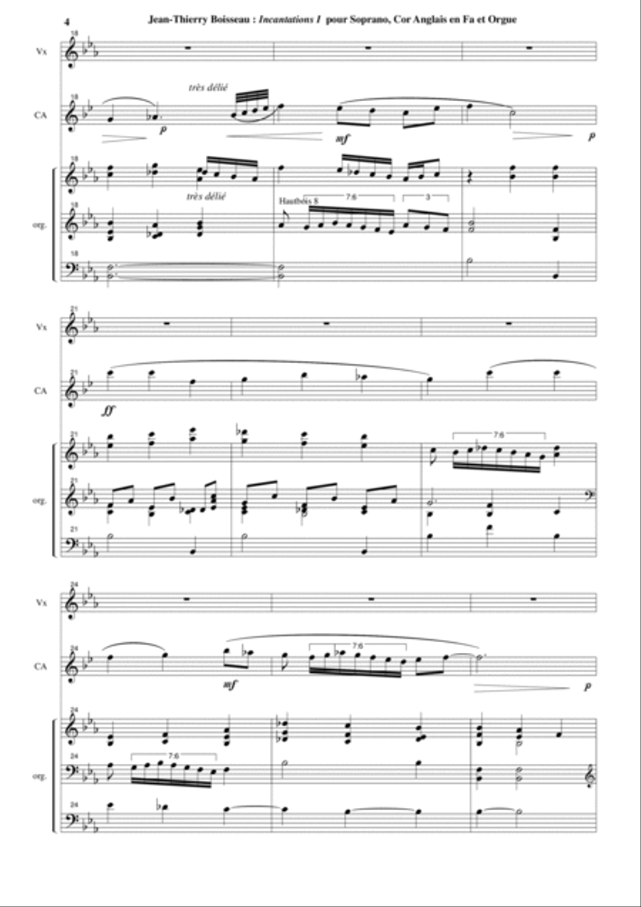 Jean-Thierry Boisseau: Incanations 1 on Ave Maris Stella for soprano, english horn in F and organ Small Ensemble scores gallery preview page 4