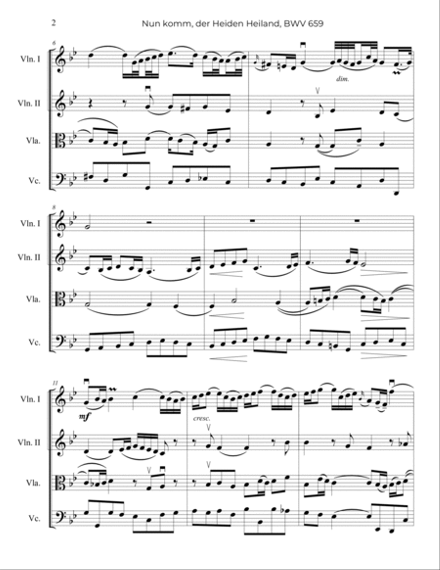 Bach: Nun komm, der Heiden Heiland, BWV 659 - String Quartet String Quartet scores gallery preview page 3