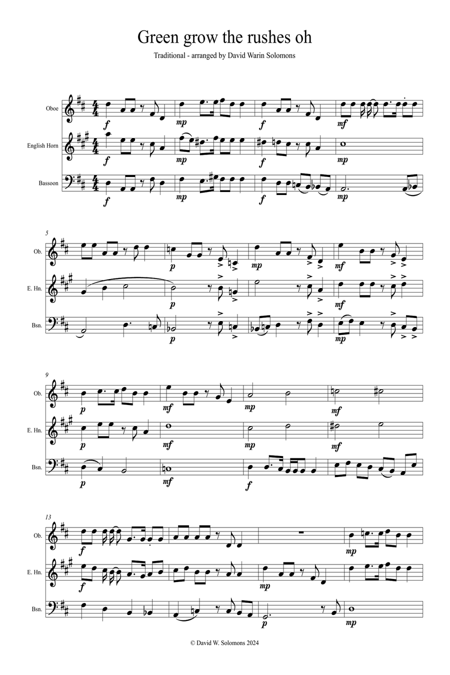 Green Grow the Rushes Oh! arranged for double-reed trio (oboe, cor anglais and bassoon) Woodwind Trio scores gallery preview page 1