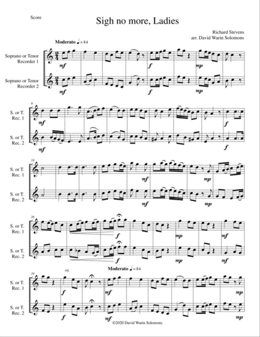 Sigh no more, Ladies for 2 soprano or tenor recorders Woodwind Duet scores gallery preview page 1