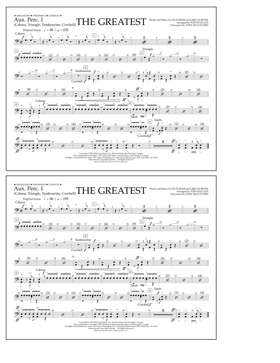 The Greatest - Aux. Perc. 1 School and Community scores gallery preview page 1