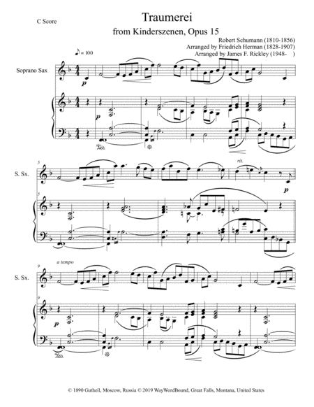 Traumerei from Kinderszenen, Opus 15 for Soprano Saxophone and Keyboard image number null