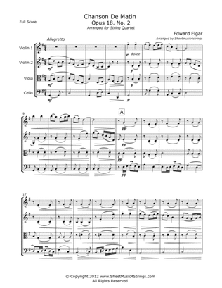 Elgar, E. - Chanson De Matin for String Quartet