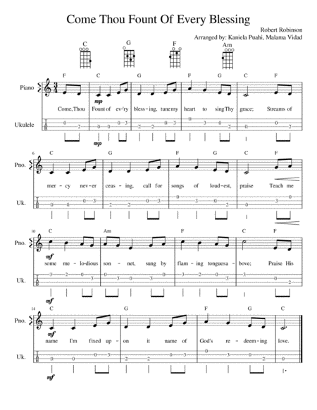 Come Thou Fount Of Every Blessing Easy Ukulele Tab/Fingerpicking image number null