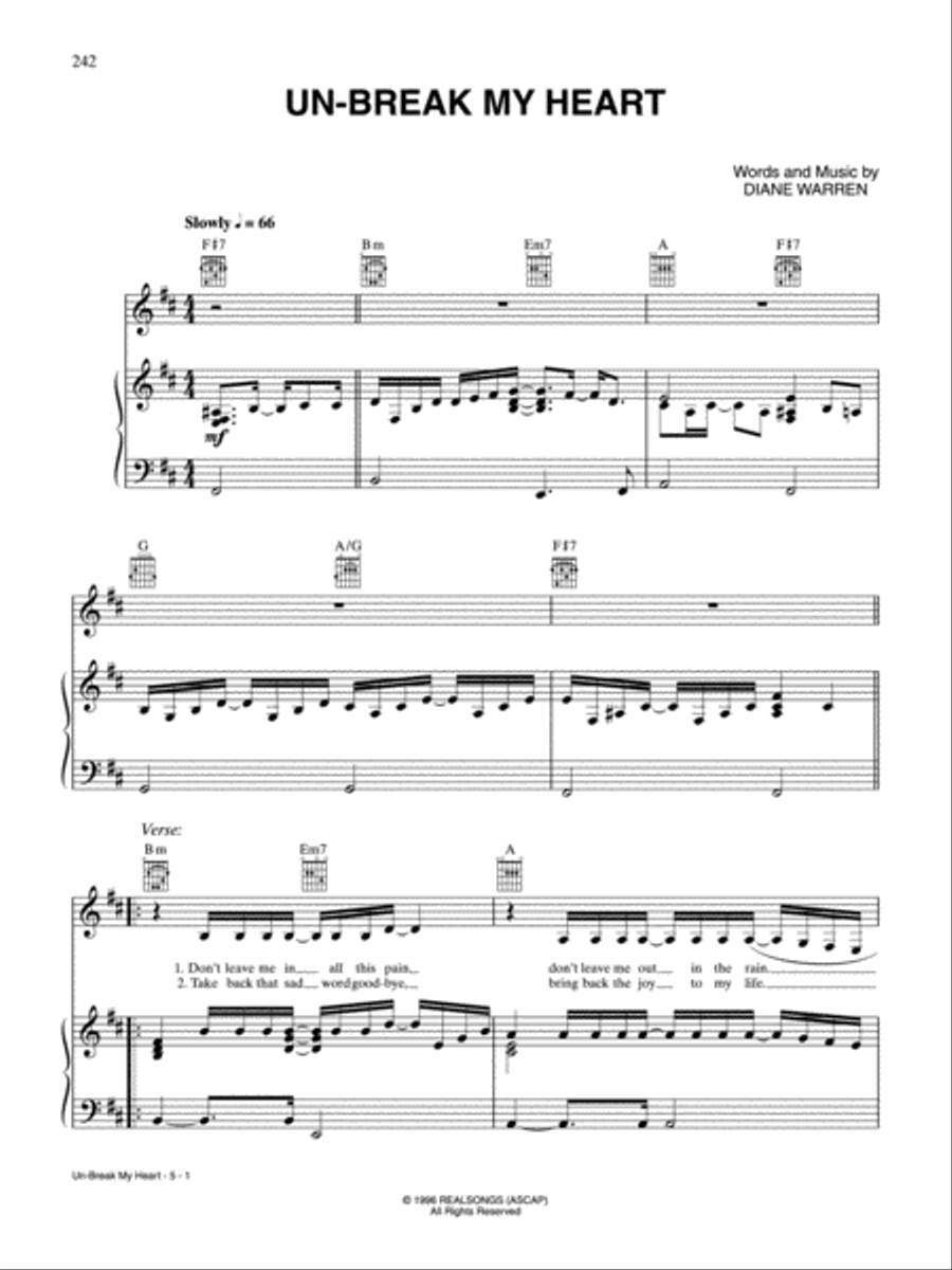 Un-Break My Heart Piano, Vocal, Guitar scores gallery preview page 1