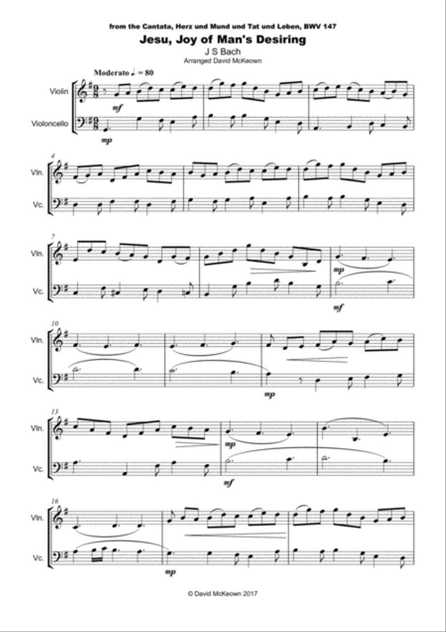 Jesu Joy of Man's Desiring, J S Bach, Violin and Cello Duet String Duet scores gallery preview page 2