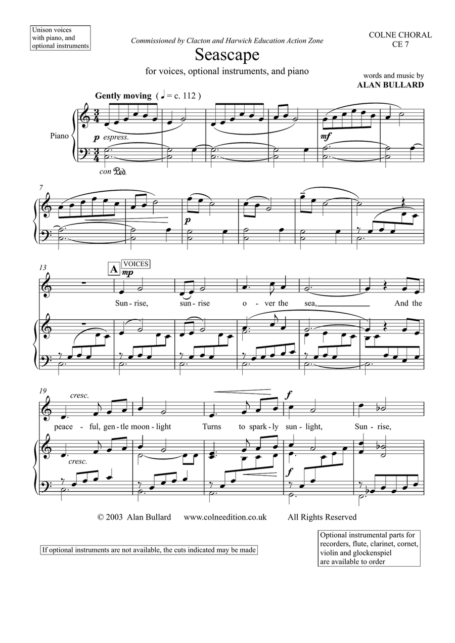 Seascape, for unison voices, optional melody instruments, and piano Unison Choir scores gallery preview page 1