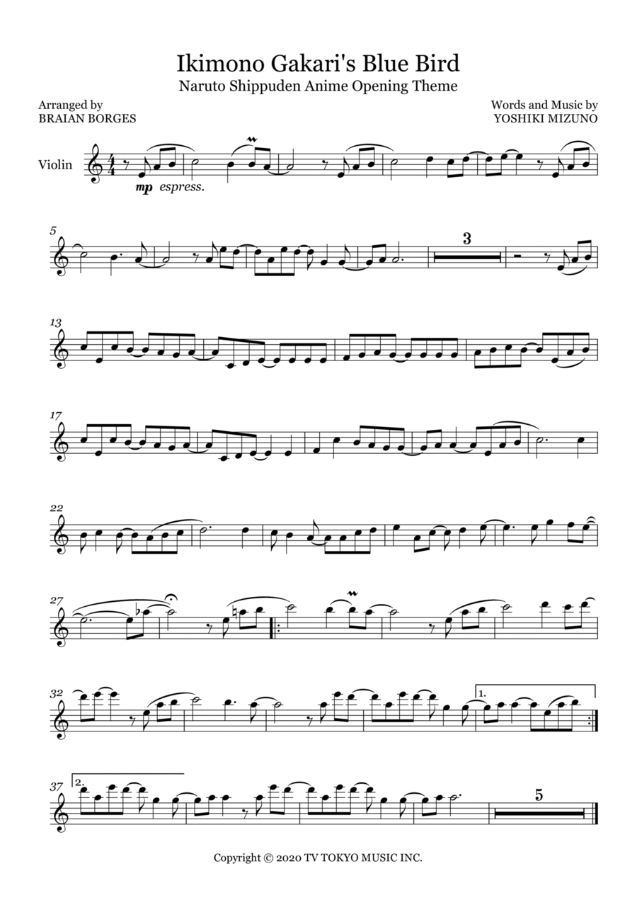 Ikimono Gakari's Blue Bird Violin Solo scores gallery preview page 1