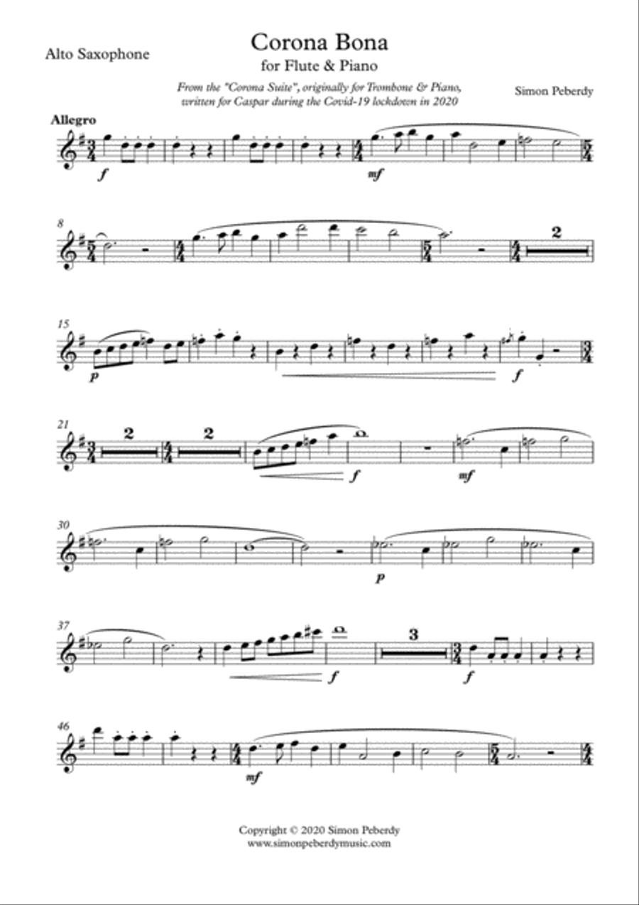 Corona Bona from the Corona Suite for Alto Sax and Piano by Simon Peberdy Alto Saxophone scores gallery preview page 2