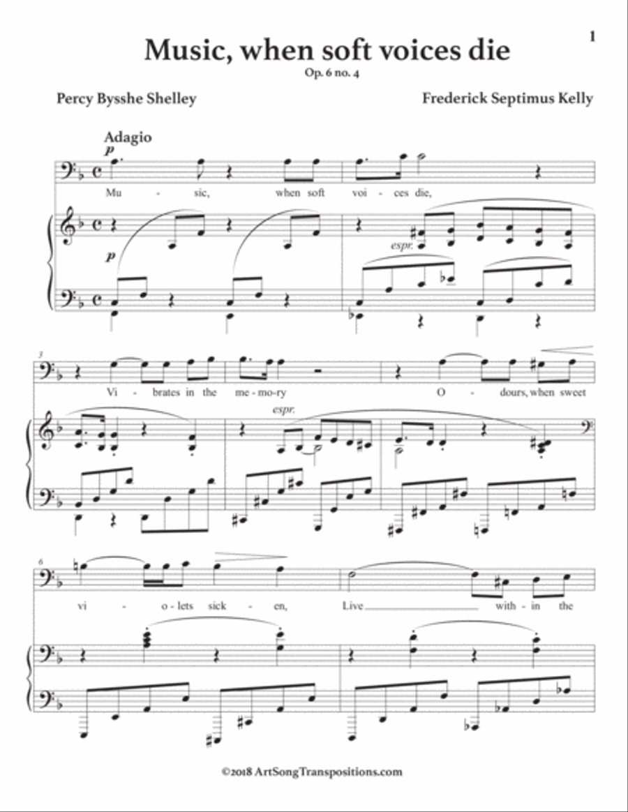 KELLY: Music, when soft voices die, Op. 6 no. 4 (transposed to F major, bass clef) Bass Voice scores gallery preview page 2