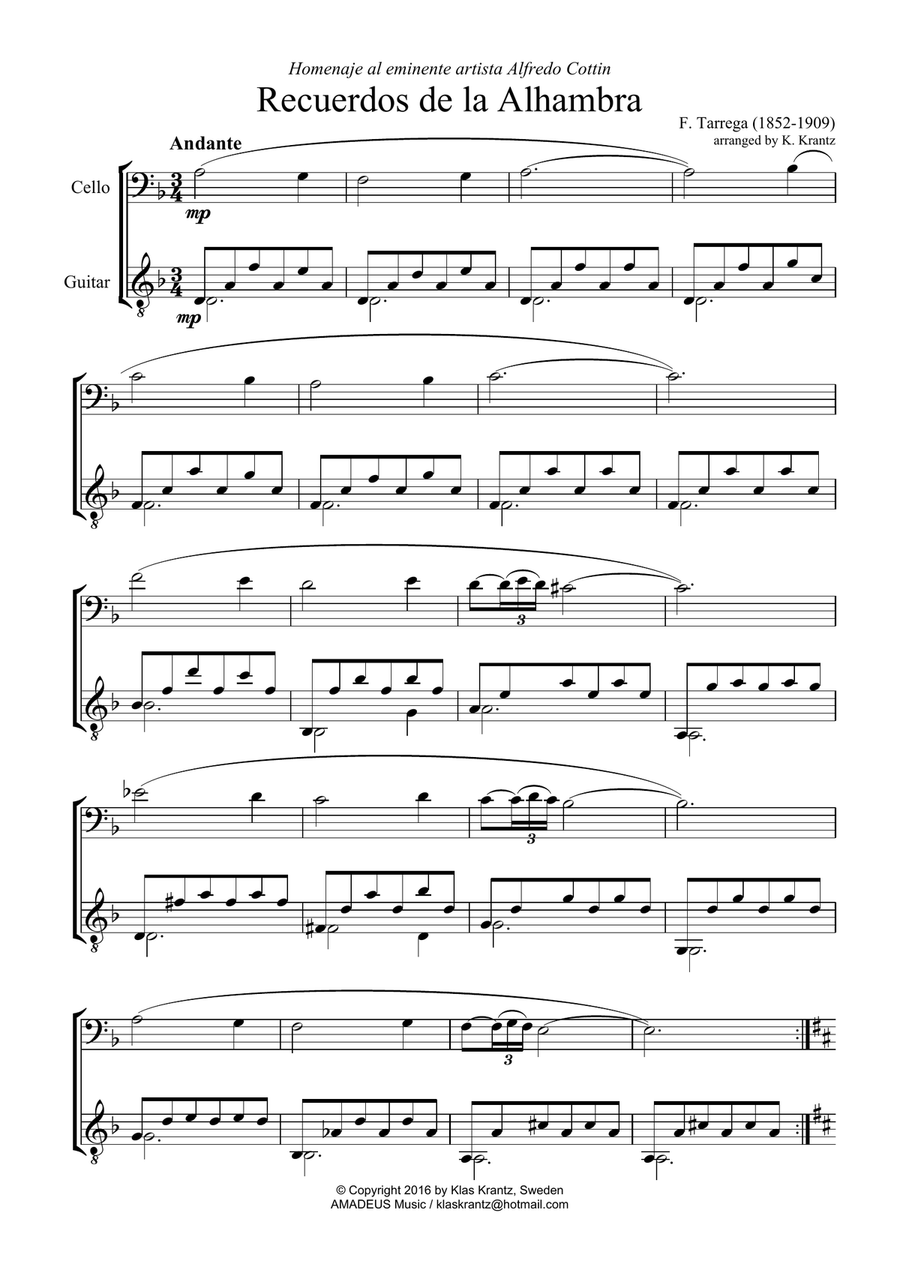 Recuerdos de la Alhambra for cello and guitar Recuerdos de la Alhambra for cello and guitar String Duet scores gallery preview page 2