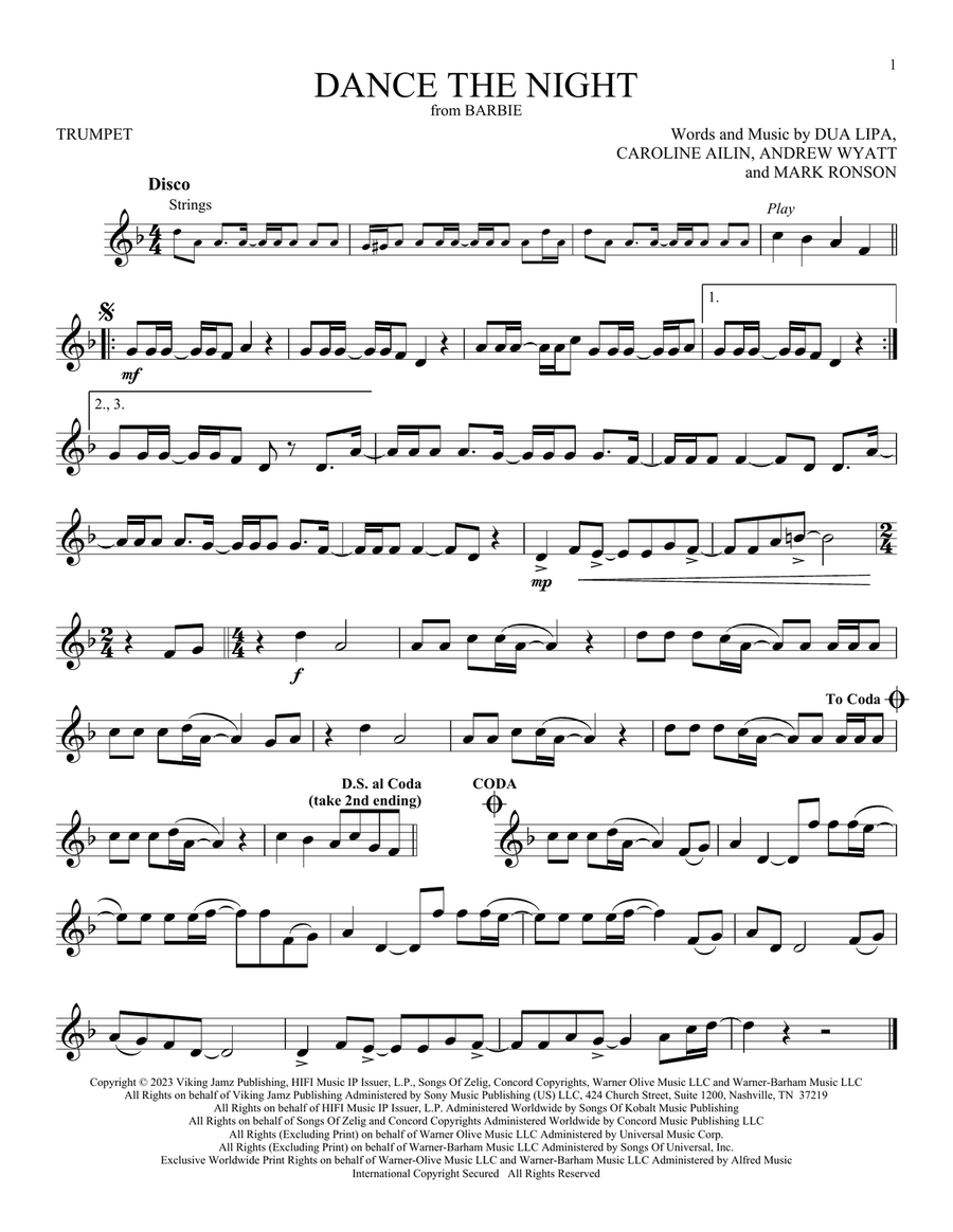Dance The Night (from Barbie) by Dua Lipa Trumpet Solo - Digital Sheet Music