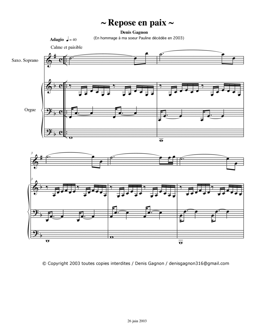 Repose en Paix (Pour saxo. Soprano et Orgue) Voice scores gallery preview page 1