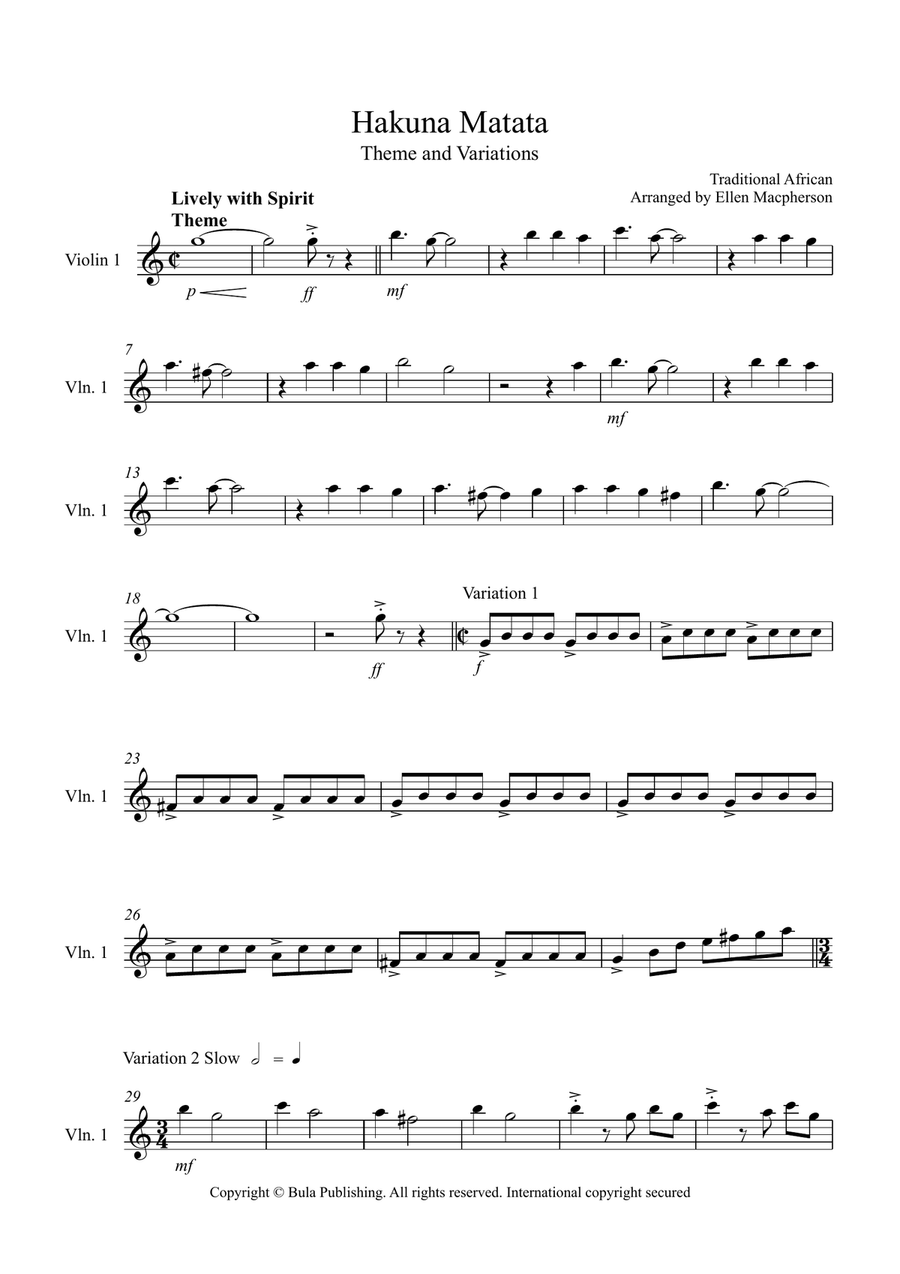 Hakuna Matata Theme & Variation - Easy String Quartet - Violin 1 String Quartet scores gallery preview page 1