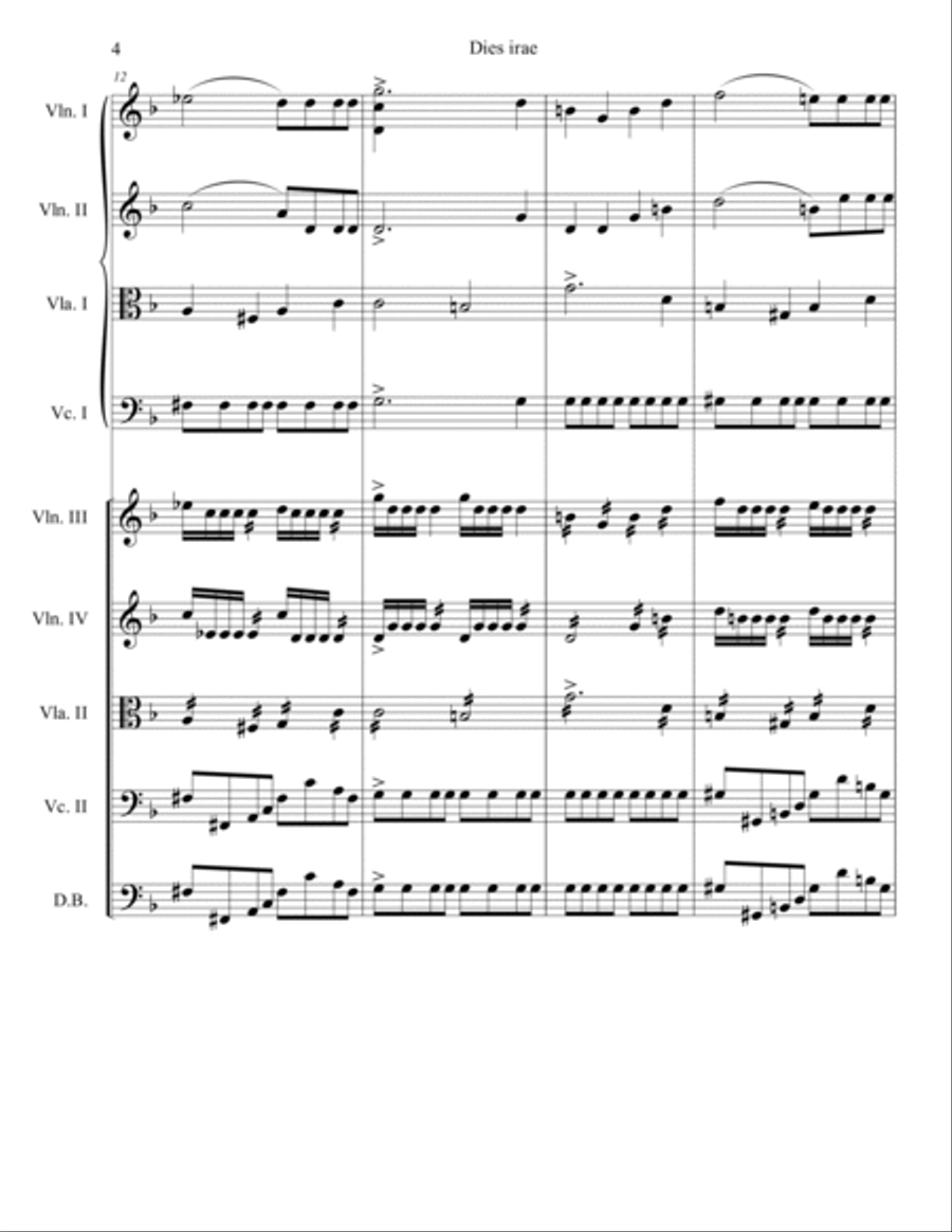 Dies irae, from W. A. Mozart's Requiem. Double string orchestra. Score & parts. String Orchestra scores gallery preview page 4