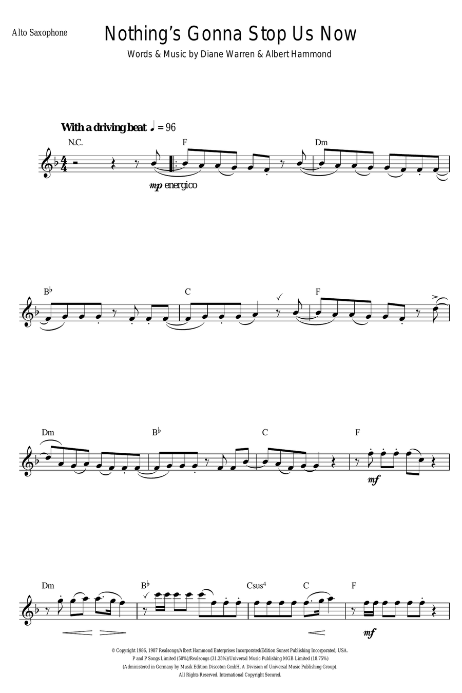 Nothing's Gonna Stop Us Now Alto Saxophone scores gallery preview page 1