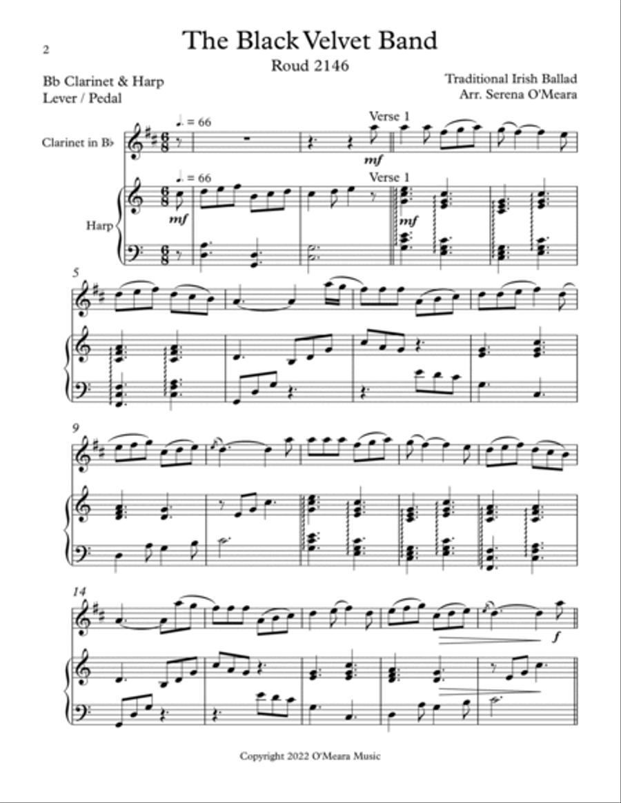 The Black Velvet Band, Duet for Bb Clarinet & Harp B-Flat Clarinet scores gallery preview page 2